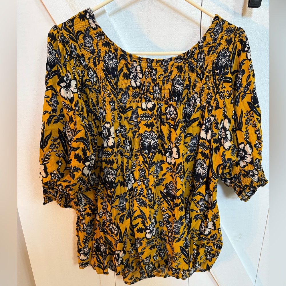 Terra & Sky Mustard Floral Smocked Square-Neck Blouse